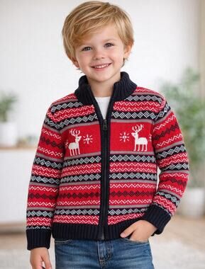 Toys “R” Us Boys Christmas Sweater 4T Red Fair Isle Reindeer Zip Up Cardigan